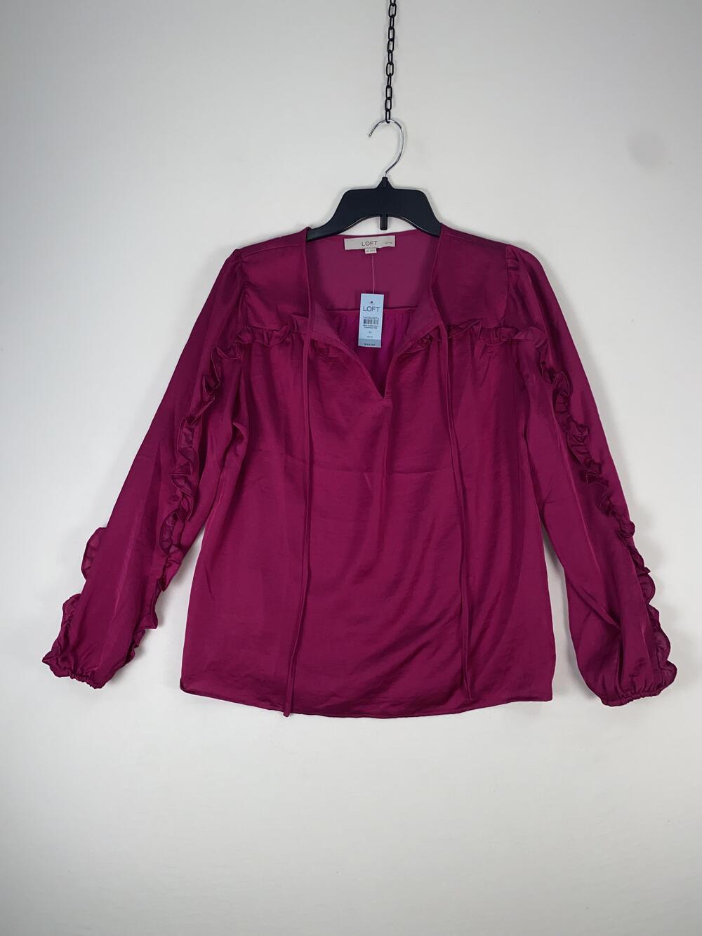LOFT Blouse Womens MP Pink Solid Ruffle Long Sleeve V Neck Petite Woven Top